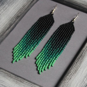 Black Green Beaded Earrings: Sterling Silver Boho Fringe Earrings