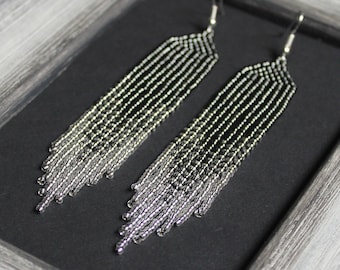 Silver seed bead earrings Silver beaded earrings Evening earrings Long earrings Dangle earrings Gray chandelier earring Beadwork earring