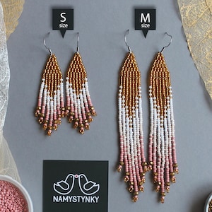 Gold Beige Ombre Beaded Fringe Earrings: Shining Seed Bead Crystal Dangles