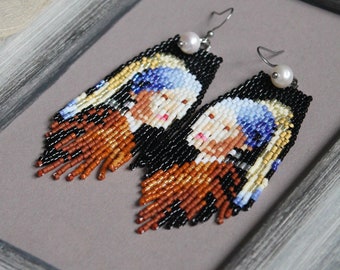 Girl with a pearl earring inspired beaded earrings Vermeer fringe earrings Artist paintings earrings Beadwork earrings Art lover seed bead