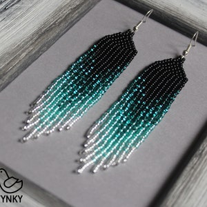 Emerald Ombre Seed Bead Earrings: Fringe Beadwork Long Chandelier Style