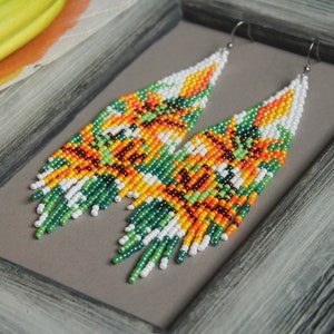 Orange Lily Seed Bead Earrings: Floral Fringe Beadwork