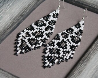Gray Leopard Print Seed Bead Earrings: Beadwork Dangle Fringe