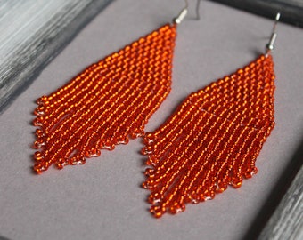 Orange beaded earrings Shining evening earrings Terracotta earrings Dangle earrings Seed bead earrings Chandelier earrings Beadwork earring