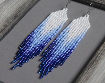 Blue beaded earrings White navy blue Long earrings Fringe earrings Ombre earrings Seed bead earrings Chandelier Boho beadwork earrings