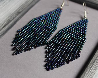 Dark blue beaded earrings Beadwork blue earrings Blue melange fringe earrings Long Shining earring Blue seed bead earring Chandelier earring