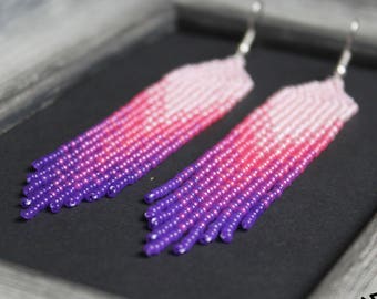 Pendientes púrpuras Pendientes ultravioleta Pendientes de mujer estilo Pendientes largos Joyería de abalorios Pendientes de flecos Pendientes con cuentas Pendientes de cuentas de semillas