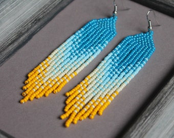 Blue Yellow Beaded Earrings: Long Fringe Ombre Beadwork