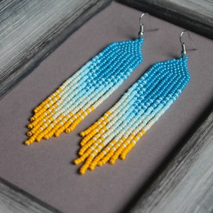 Blue yellow beaded earrings Colorful Long fringe earrings Ombre boho earrings Beadwork ukrainian seed bead earrings Dangle gradient earring
