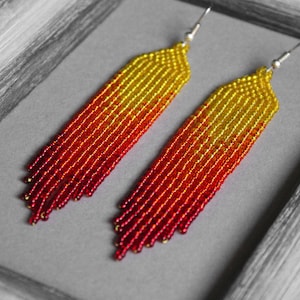 Fire red beaded earrings Yellow Fringe earrings Long earrings Shining earring Seed bead earrings Chandelier earring Beadwork earrings Dangle