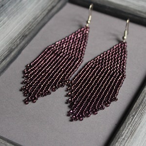 Purple beaded earrings Violet evening earrings Shining earrings Long earrings Dangle earrings Seed bead earrings Chandelier earrings Fringe