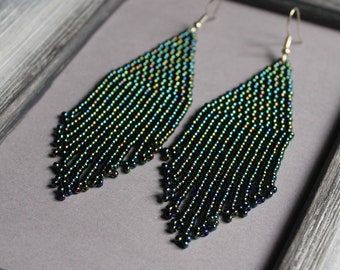 Dark green beaded earrings Beadwork green earrings Green melange fringe earrings Long Shining earring Seed bead earrings Chandelier earrings