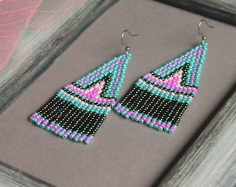 Geometric turquoise beadwork earrings Pink Fringe beaded earrings Stylish earrings Seed bead Boho earrings Modern earrings Short Dangle