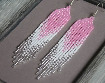 Rose beaded earrings Long earrings Pastel earrings Seed bead earrings Pink chandelier earring Boho earring Beadwork earrings Fringe earrings