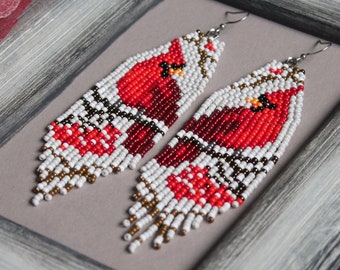 Cardinal Bird beaded earrings Winter red floral Fringe Seed bead earrings Nature Christmas Bright earrings Beadwork dangle earring Long Boho