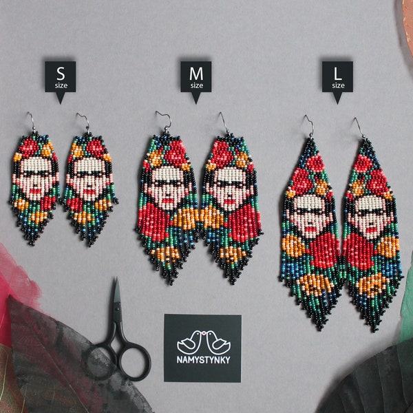 Frida Kahlo Beaded Earrings: Roses Fringe, Boho Art Jewelry