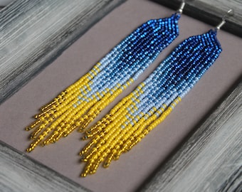 Ukrainian blue yellow beaded earrings Shining ombre earrings Long Fringe earrings Seed bead Chandelier earrings Boho beadwork earring Dangle