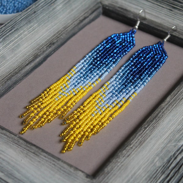 Ukrainian blue yellow beaded earrings Shining ombre earrings Long Fringe earrings Seed bead Chandelier earrings Boho beadwork earring Dangle