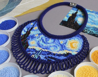 Van Gogh inspired beaded necklace Starry night Artistic embroidered necklace Art lover gift Seed bead Boho Sky Landscape Beadwork necklace