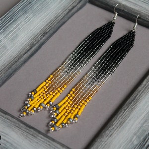 Silver yellow beaded earrings Shining Crystal earrings Evening seed bead earrings Long fringe Ombre earring Gradient beadwork earring Dangle