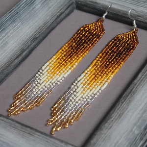 Ombre Seed Bead Earrings: Gold Fringe Dangle Earrings