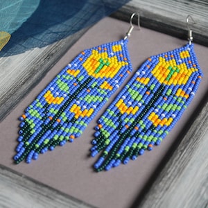 Ukrainian blue yellow floral beaded earrings Spring Bright flowers earrings Fringe Seed bead earrings Beadwork dangle earrings Long Boho