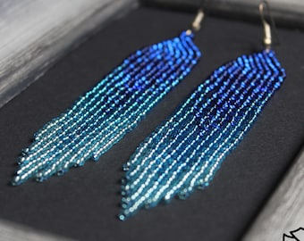 Long fringe bead earrings Statement earrings Unique earrings Navy blue dangle beaded earrings Dangly earrings Boho earrings