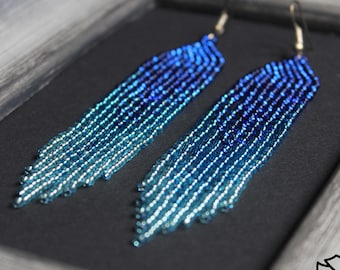 Blue long earrings Beaded earrings Fringe earrings Seed bead earrings Blue chandelier earrings Boho dangle earrings Dangle Beadwork earrings