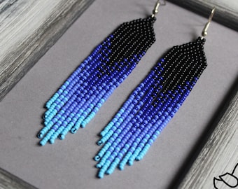 Blue beaded earrings Seed bead earrings Long earrings Dangle earrings Blue chandelier earring Boho earring Beadwork earrings Fringe earrings