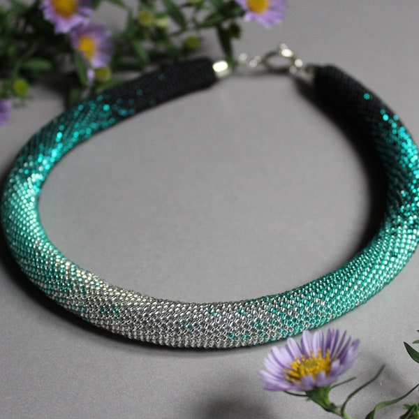 Emerald Shiny crochet necklace Beaded necklace Silver Modern necklace Gradient necklace boho jewelry Beadwork choker Seed bead necklace