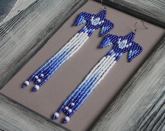 Swallow Bird beaded earrings Martlet navy blue animal Fringe Seed bead earrings Spring Bright earrings Beadwork dangle earring Long Boho