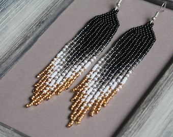 Gold beaded earrings Evening Long earrings White gold black earring Seed bead earring Gold chandelier earring Beadwork earring Fringe Dangle