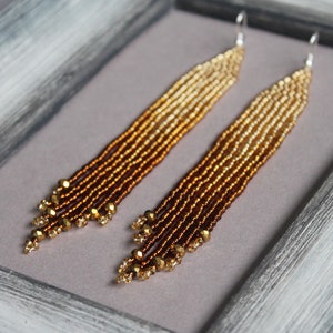 Gold shining beaded earrings Crystal earrings Evening seed bead earrings Long fringe earrings Ombre earring Gradient beadwork earring Dangle