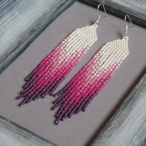 Purple Beaded earrings Pink long earrings Dangle earrings Seed bead earrings Purple chandelier earring Fringe earrings From pink to violet