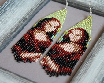 Mona Lisa inspired beaded earrings Leonardo da Vinci dangle earrings Artistic earrings Art lover gift Seed bead Boho La Gioconda Beadwork