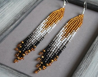 Gold gray beaded earrings Crystal earrings Evening seed bead earrings Long fringe earrings Ombre earrings Gradient beadwork earrings Dangle