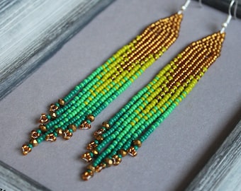 Gold green beaded earrings Crystal earrings Evening seed bead earrings Long fringe earrings Ombre earrings Gradient beadwork earring Dangle