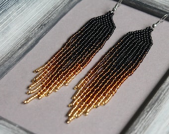 Gold beaded earrings Evening earrings Long gold ombre earrings Seed bead earring Gold chandelier earring Beadwork earring Fringe Dangle