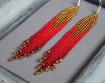 Gold red beaded earrings Crystal earrings Evening seed bead earrings Long fringe earrings Ombre earrings Gradient beadwork earring Dangle