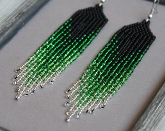 Green seed bead earrings Shiny green beaded earrings Evening earrings Long earrings Dangle earring Ombre chandelier earring Beadwork earring