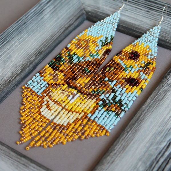 Van Gogh Sunflowers inspired earrings Beaded dangle earrings Artistic Beadwork earrings Art lover gift Yellow Seed bead Boho Flower bouquet