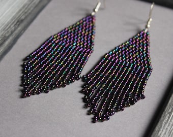 Dark purple beaded earrings Beadwork purple earrings Purple melange fringe earring Long Shining earring Seed bead earring Chandelier earring