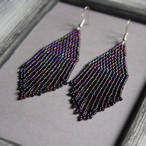 Dark purple beaded earrings Beadwork purple earrings Purple melange fringe earring Long Shining earring Seed bead earring Chandelier earring