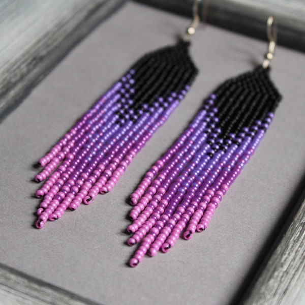 Ultra Violet earrings Style women earrings Long earrings Beadwork jewelry Purple earrings Fringe earrings Beaded earrings Seed bead earring