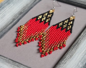 Red Black Gold Beaded Fringe Earrings: Crystal Seed Bead Dangle Earrings