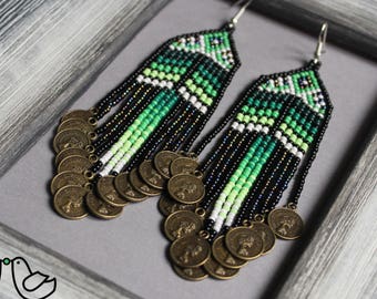 Green coins Fringe Beaded Earrings Beadwork Seed bead earrings Dangle earrings Boho earrings Green chandelier earrings Gradation ombre