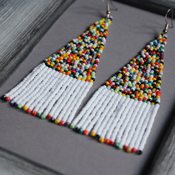 White and colorful beaded earrings Dangle Beadwork earrings Multicolor fringe earrings Modern seed bead earrings Boho chandelier earrings