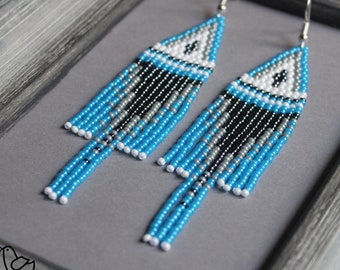 Azure Fringe beaded earrings Stylish earrings Blue bright earrings Seed bead earrings Modern earrings Chandelier earrings Boho earrings