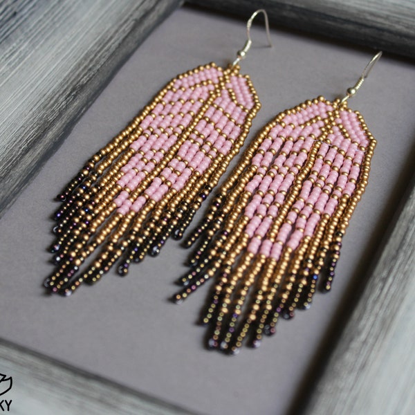 Leaf Light Pink Gold Long earrings Autumn Gold Chandelier beaded earrings Seed bead earring Boho earring Beadwork earring Fringe earring