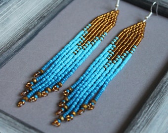 Gold blue beaded earrings Crystal earrings Evening seed bead earrings Long fringe earrings Ombre earrings Gradient beadwork earrings Dangle